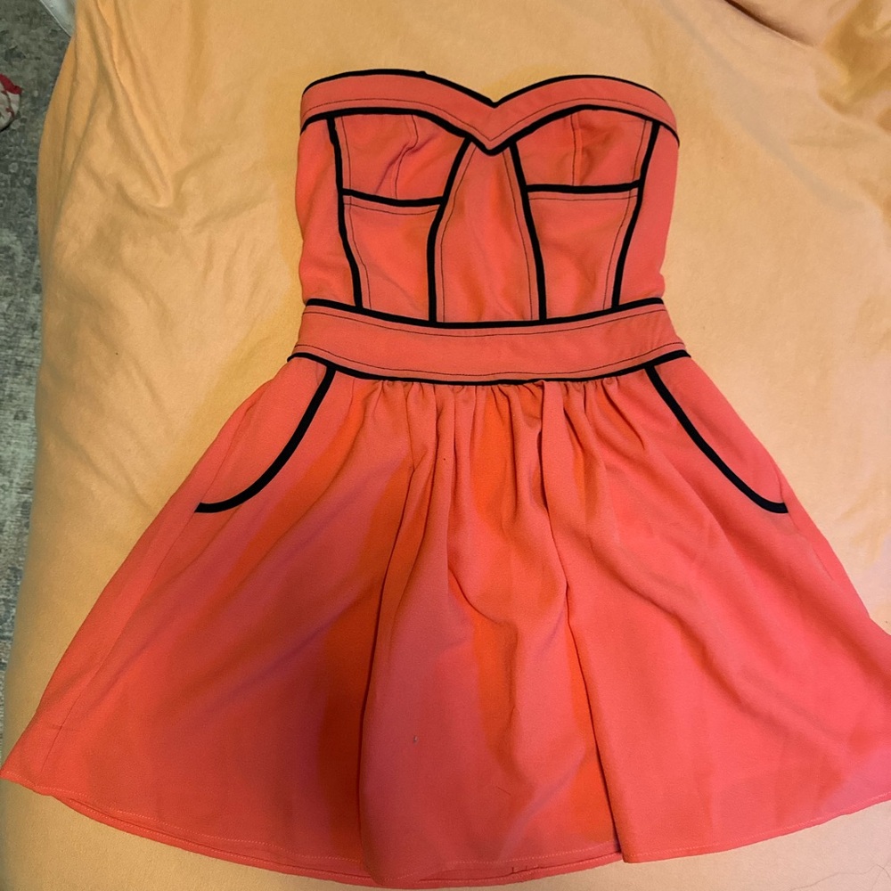 Strapless Coral Dress with Black Trim